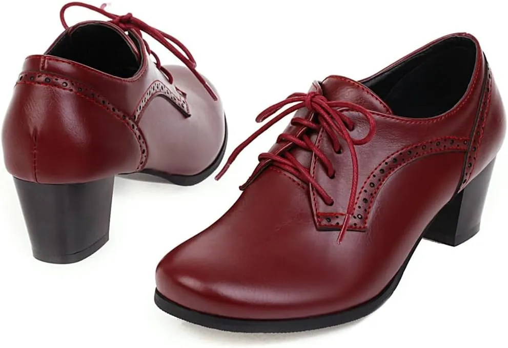Women's Lace Up Wingtip Oxfords Pumps Block Mid Heel Round Toe Perforated Vintage Brogues Dress Shoes
