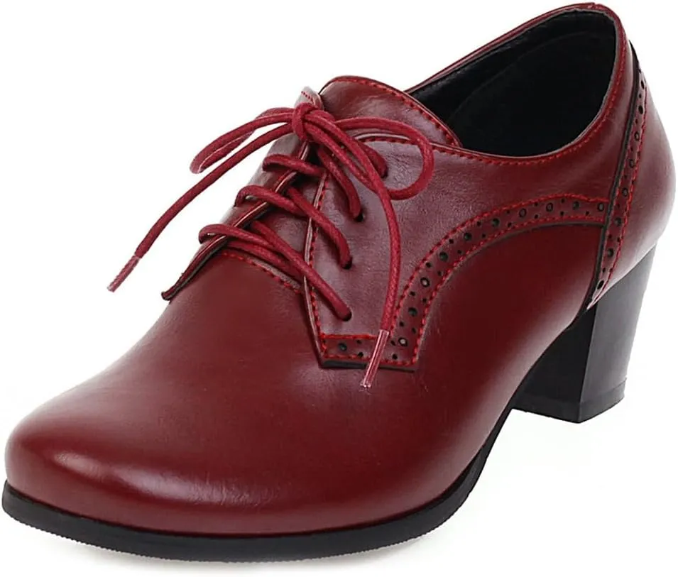 Women's Lace Up Wingtip Oxfords Pumps Block Mid Heel Round Toe Perforated Vintage Brogues Dress Shoes
