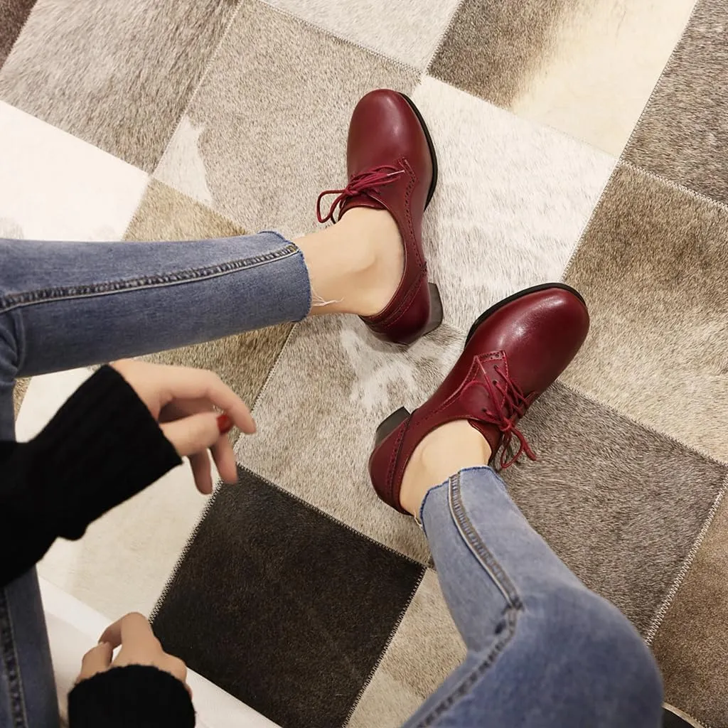 Women's Lace Up Wingtip Oxfords Pumps Block Mid Heel Round Toe Perforated Vintage Brogues Dress Shoes
