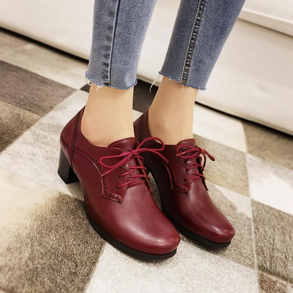 Women's Lace Up Wingtip Oxfords Pumps Block Mid Heel Round Toe Perforated Vintage Brogues Dress Shoes