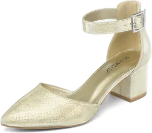 Women's Low Block Heels Chunky Closed Toe Pump Shoes with Ankle Strap