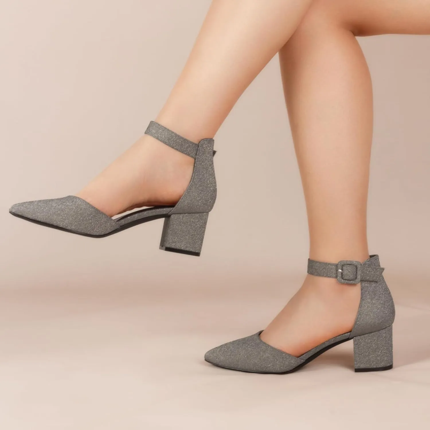 Women's Low Block Heels Chunky Closed Toe Pump Shoes with Ankle Strap
