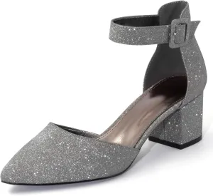 Women's Low Block Heels Chunky Closed Toe Pump Shoes with Ankle Strap