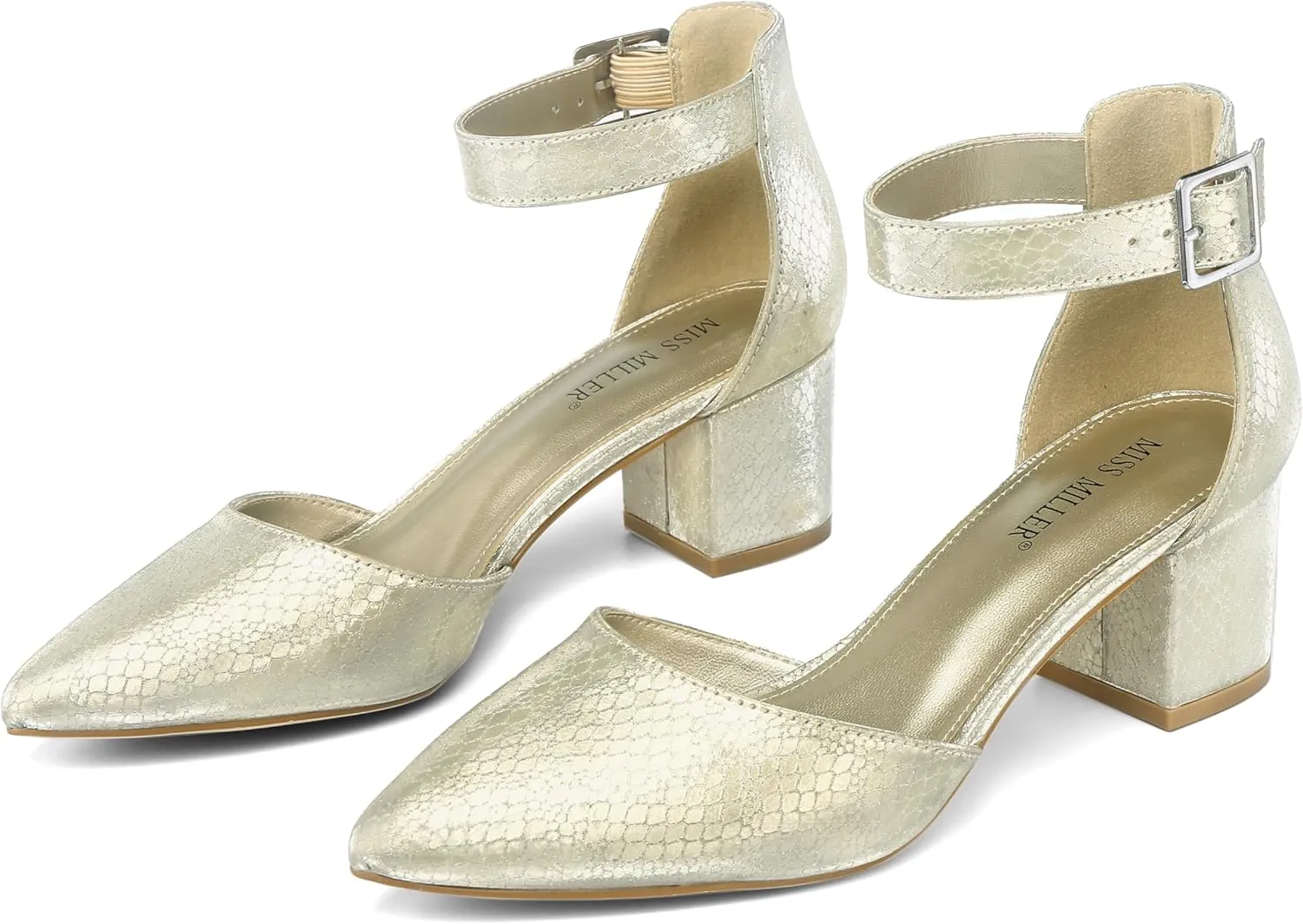 Women's Low Block Heels Chunky Closed Toe Pump Shoes with Ankle Strap