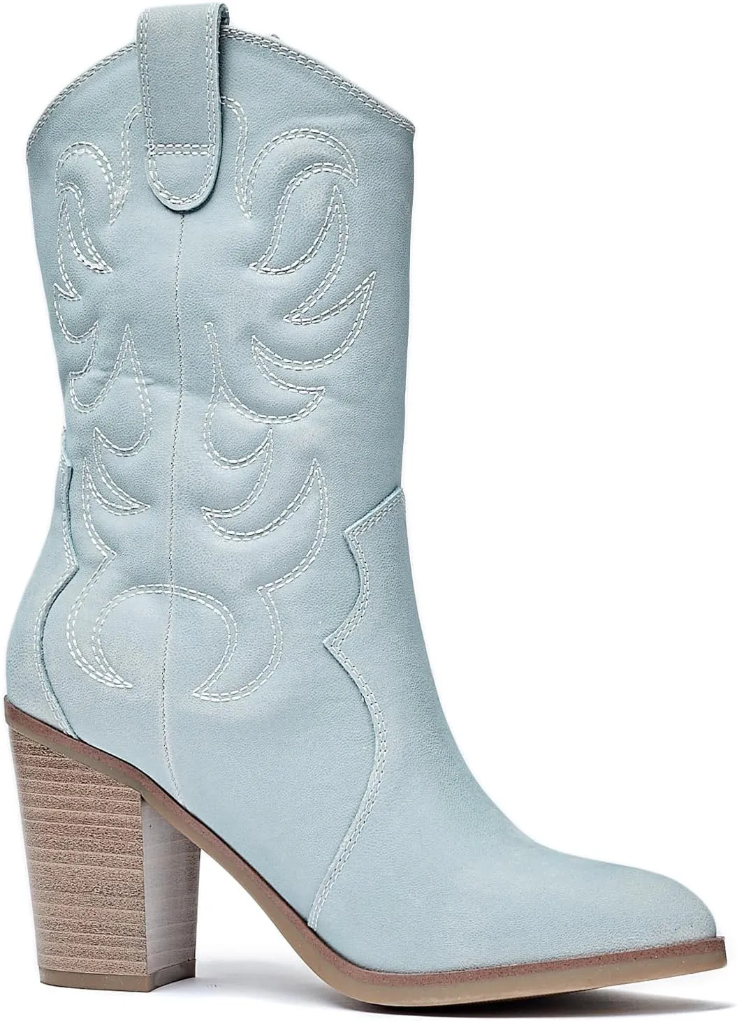Women's Mid Calf Western Boots Pointed Toe Cowboy Boots Chunky Pump Heel Cowgirl Boots.