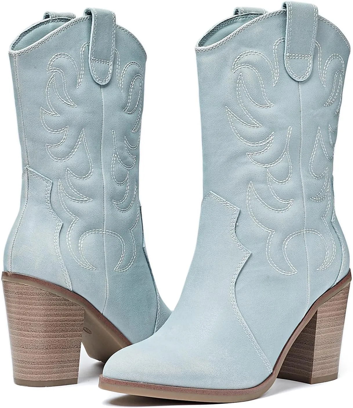 Women's Mid Calf Western Boots Pointed Toe Cowboy Boots Chunky Pump Heel Cowgirl Boots.