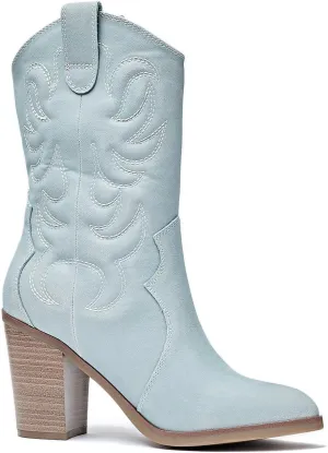 Women's Mid Calf Western Boots Pointed Toe Cowboy Boots Chunky Pump Heel Cowgirl Boots.