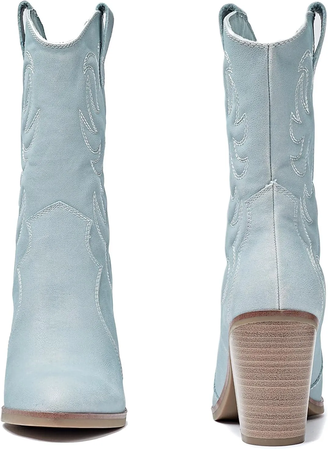 Women's Mid Calf Western Boots Pointed Toe Cowboy Boots Chunky Pump Heel Cowgirl Boots.