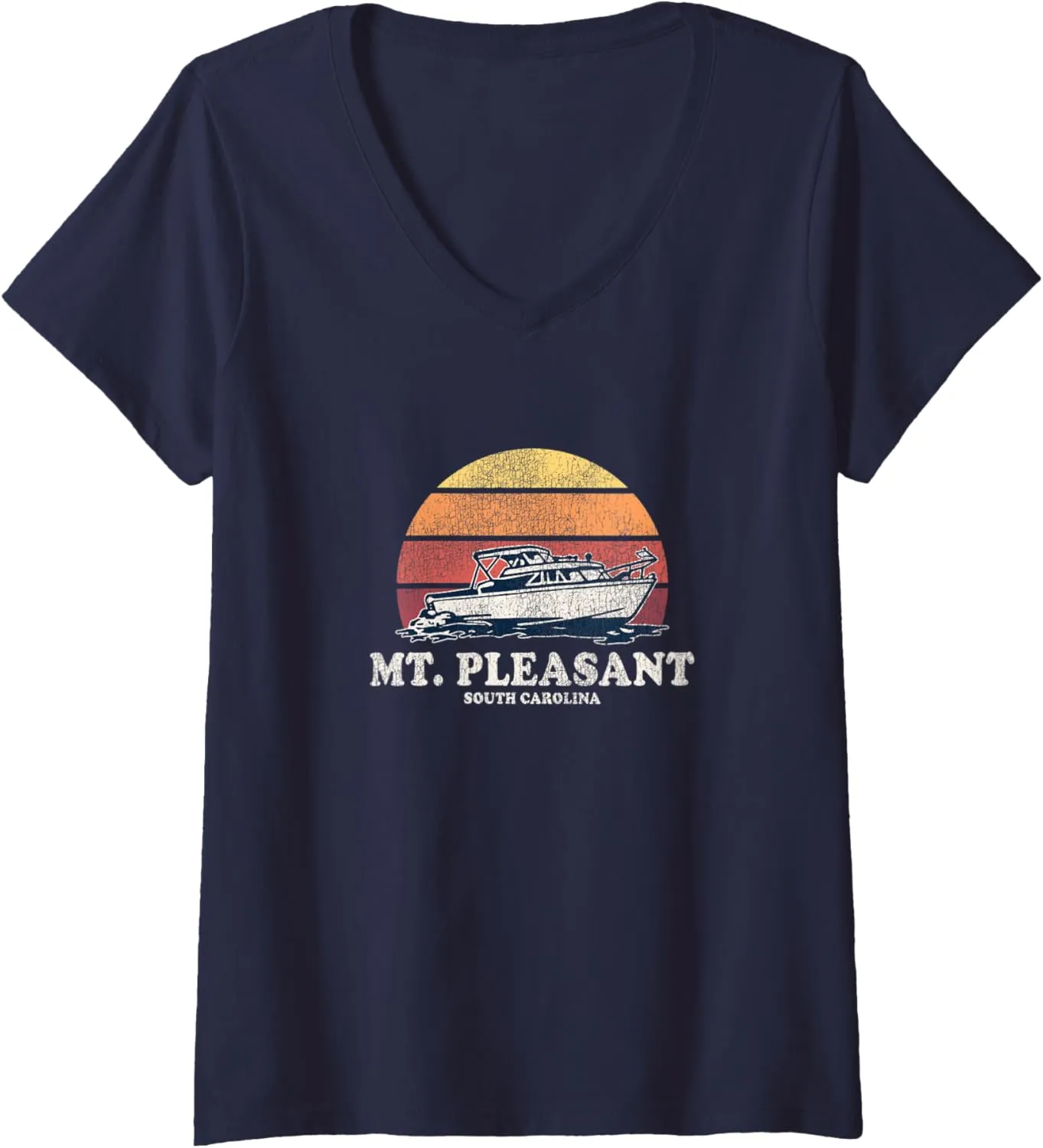 Womens Mt. Pleasant SC Vintage Boating 70s Retro Boat Design V-Neck T-Shirt