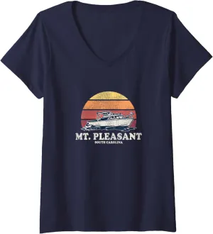 Womens Mt. Pleasant SC Vintage Boating 70s Retro Boat Design V-Neck T-Shirt
