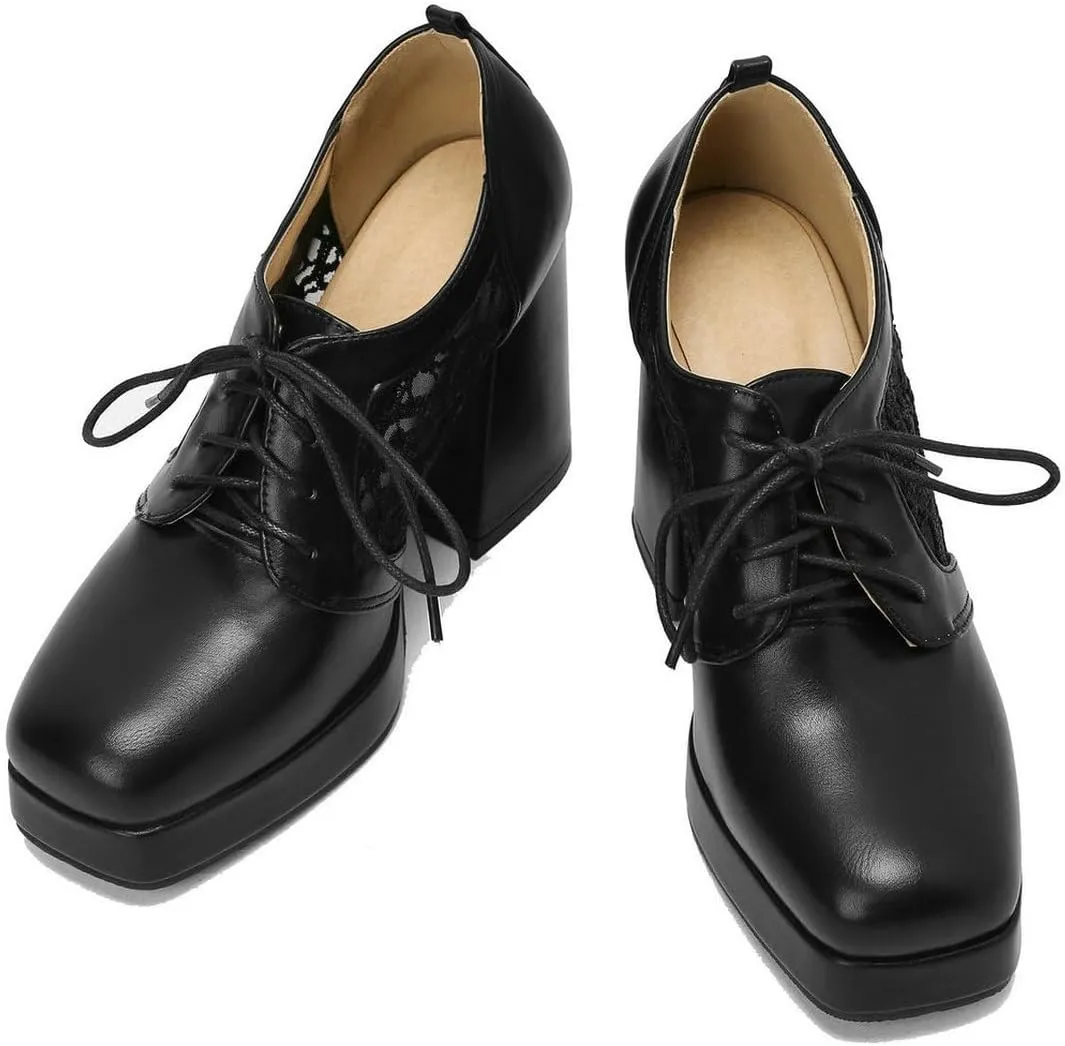 Women's Platform Oxford Shoes Patent Leather Square Toe Chunky Block High Heel Ankle Booties