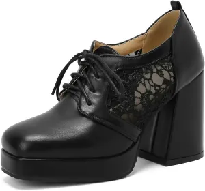 Women's Platform Oxford Shoes Patent Leather Square Toe Chunky Block High Heel Ankle Booties
