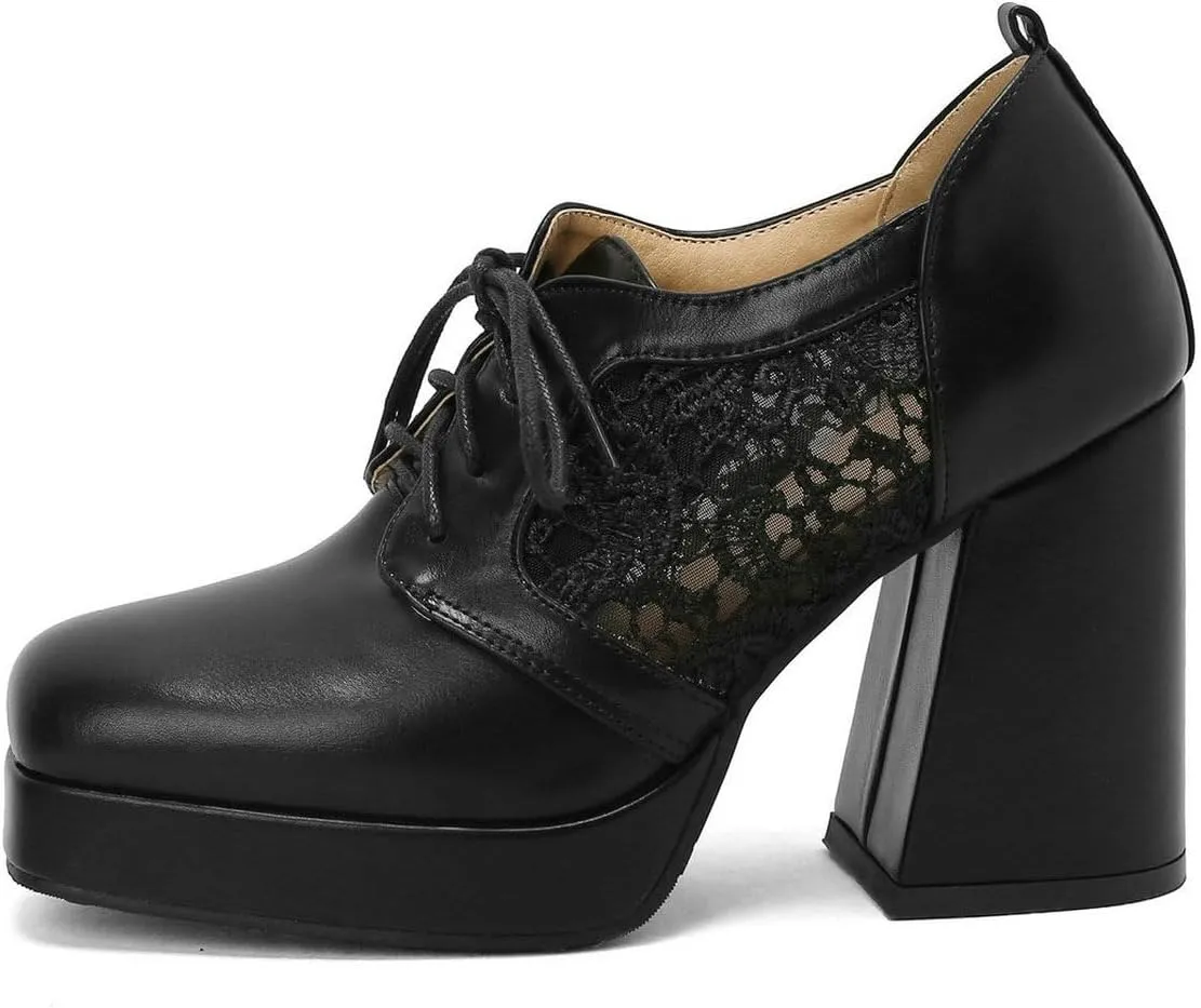 Women's Platform Oxford Shoes Patent Leather Square Toe Chunky Block High Heel Ankle Booties