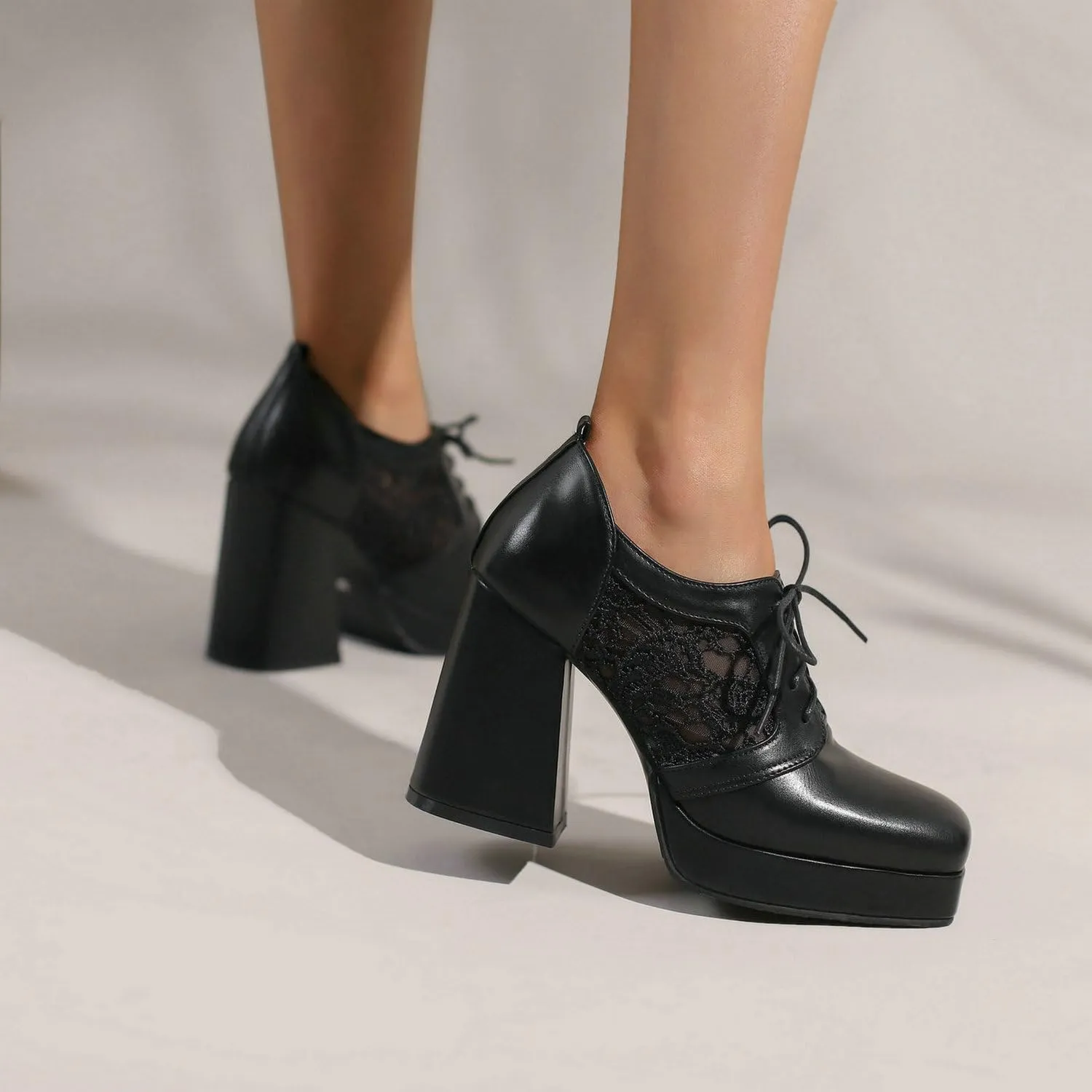 Women's Platform Oxford Shoes Patent Leather Square Toe Chunky Block High Heel Ankle Booties
