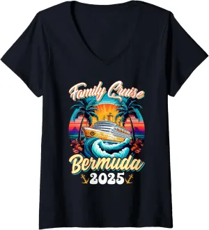 Womens Retro Family Cruise Bermuda 2025 Summer Break Vacation Trips V-Neck T-Shirt