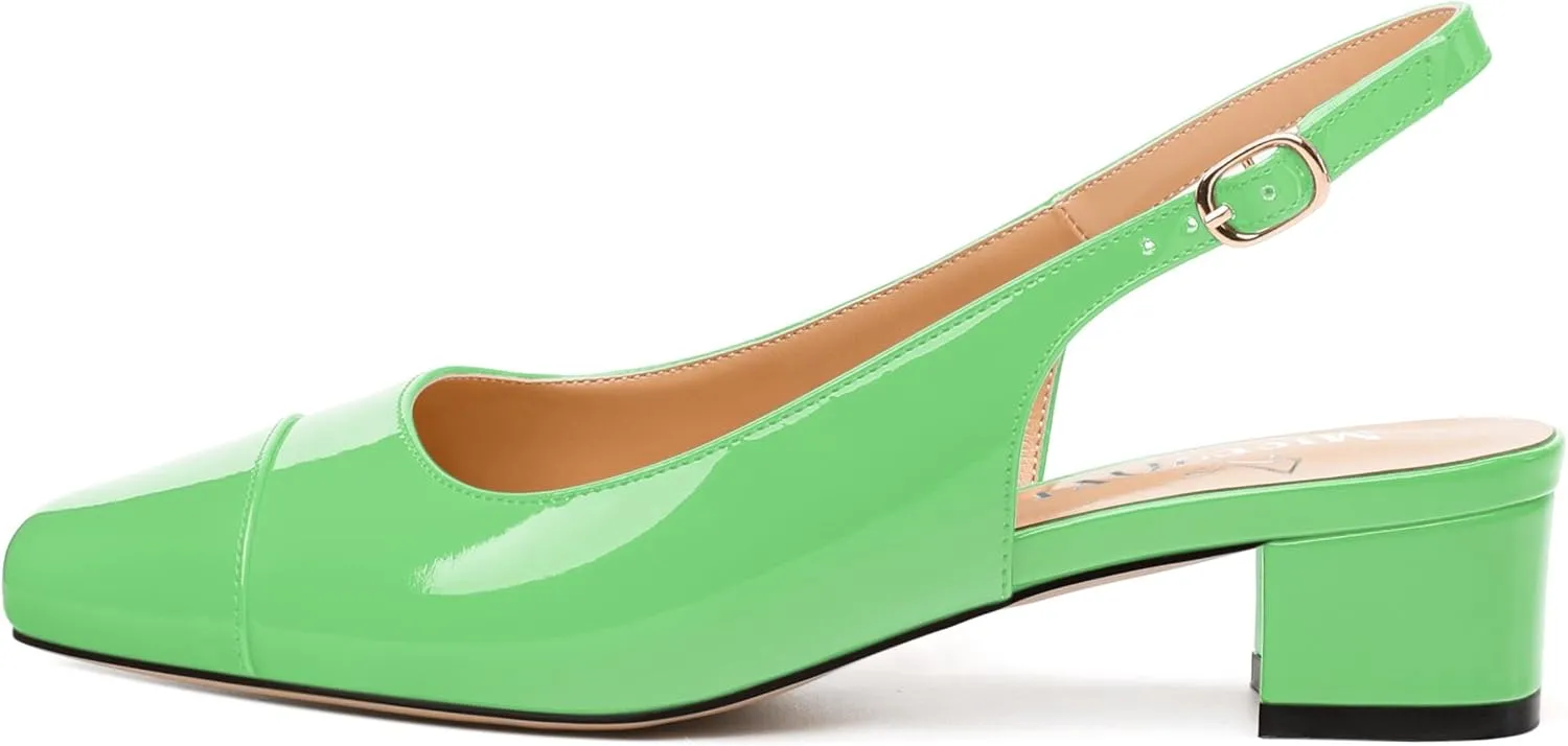 Women's Slingback Pumps, Low Chunky Heels Square Toe Pumps for Women, Block Heels Dress Shoes Closed Toe Comfortable Wedding Work Pump Sandals