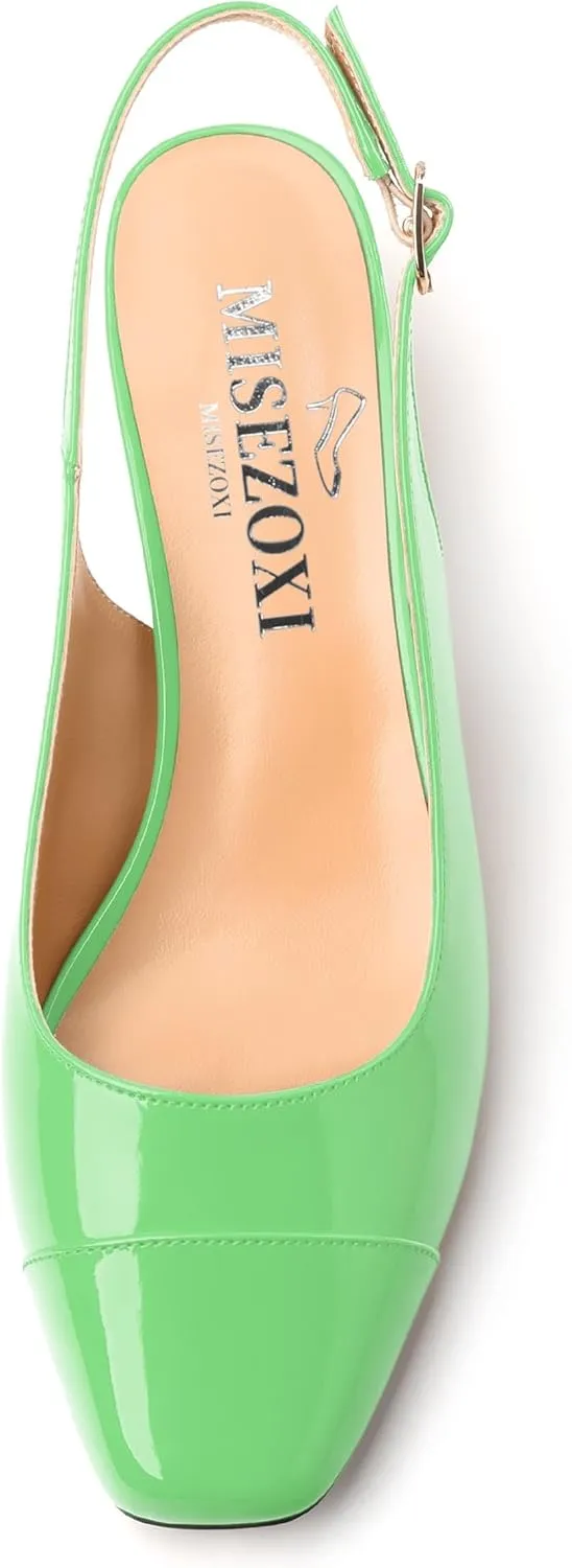 Women's Slingback Pumps, Low Chunky Heels Square Toe Pumps for Women, Block Heels Dress Shoes Closed Toe Comfortable Wedding Work Pump Sandals