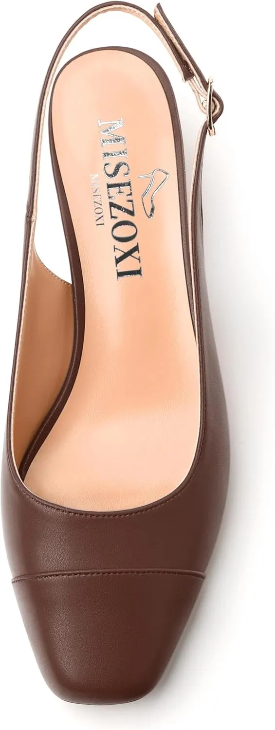 Womens Sqaure Toe Block Heel Slingback Pumps