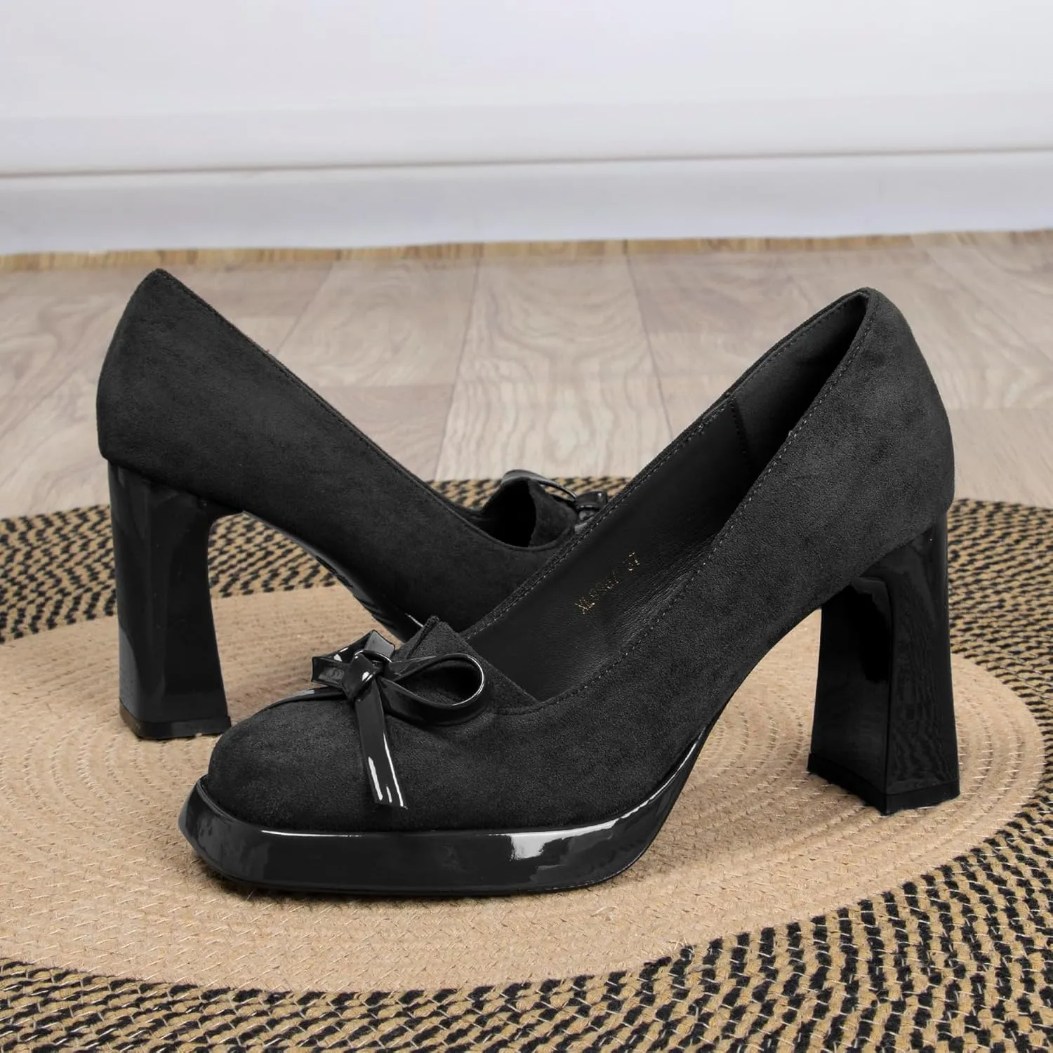 Women's Suede Platform Pumps with Bow Square Closed Toe Chunky Block High Heels for Women 3.5 Inch Ladies Slip On Comfortable Dressy Shoes