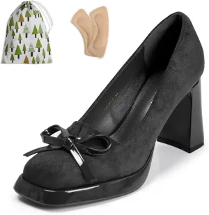Women's Suede Platform Pumps with Bow Square Closed Toe Chunky Block High Heels for Women 3.5 Inch Ladies Slip On Comfortable Dressy Shoes