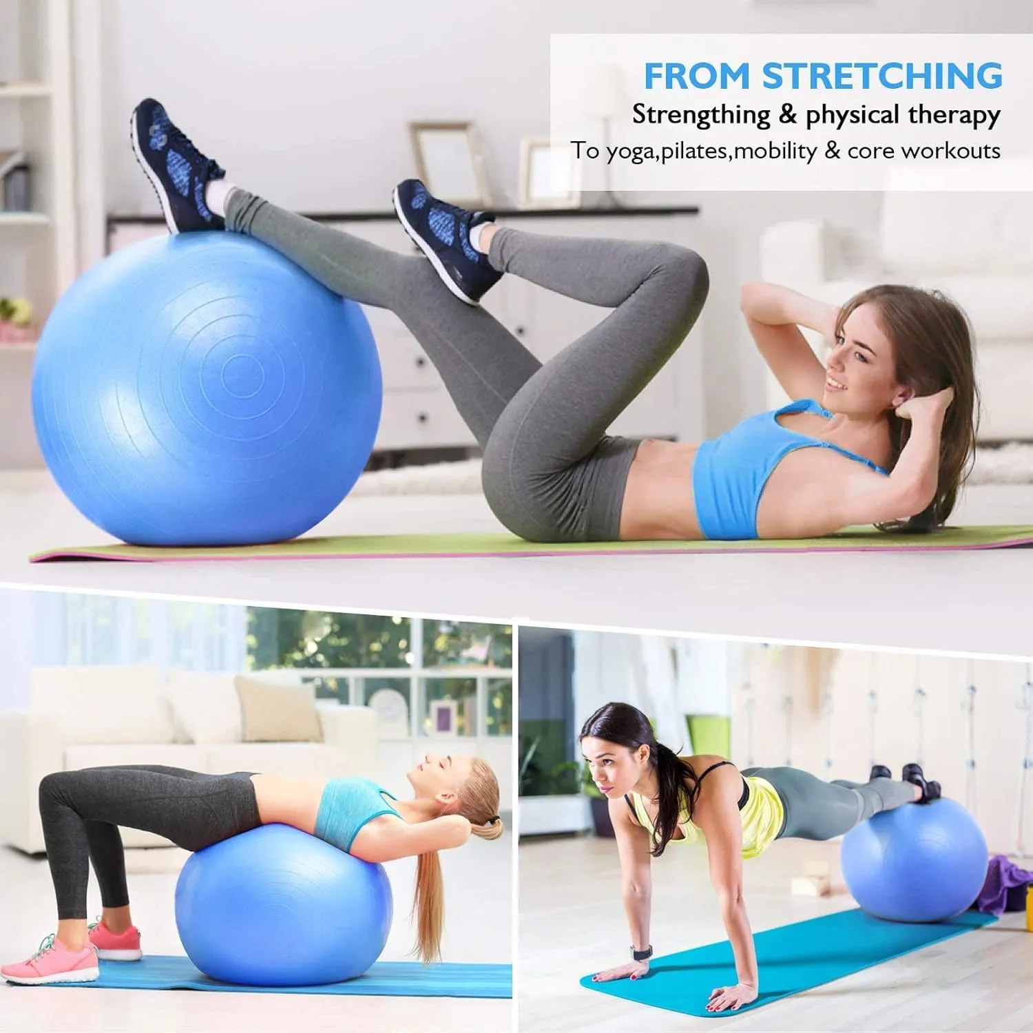 Workout Ball, Exercise Ball Chair Portable, Yoga Balls Anti Burst Pilates Ball, for Birthing Pilates, Yoga Stability Balance, Home Gym Office Chair - Quick Pump Included
