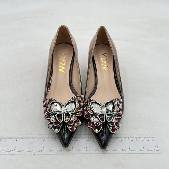 YDN Black Pointed Toe Bow Pump Colorful Rhinestone Block Low Heel Butterfly Shoe