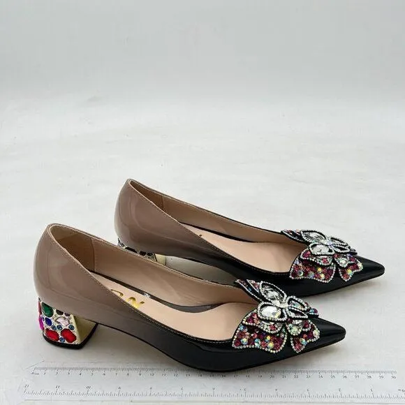 YDN Black Pointed Toe Bow Pump Colorful Rhinestone Block Low Heel Butterfly Shoe