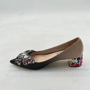YDN Black Pointed Toe Bow Pump Colorful Rhinestone Block Low Heel Butterfly Shoe