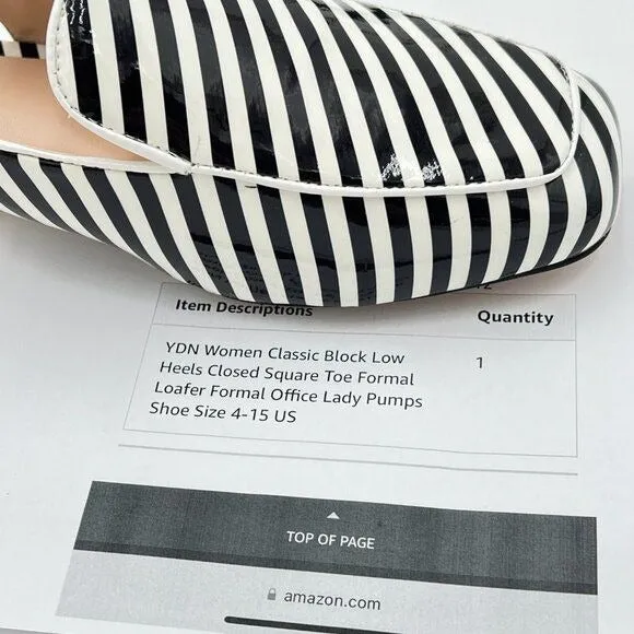 YDN Black Stripe Square Toe Block Low Heels Slingback Formal Loafer Dressy Shoes