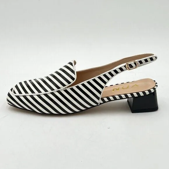 YDN Black Stripe Square Toe Block Low Heels Slingback Formal Loafer Dressy Shoes