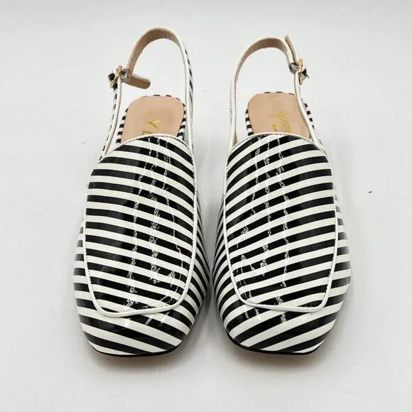 YDN Black Stripe Square Toe Block Low Heels Slingback Formal Loafer Dressy Shoes