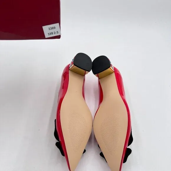 YDN Women Pointed Toe Bow Pump Colorful Rhinestone Block Low Heel Butterfly
