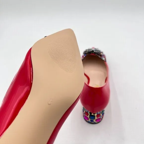 YDN Women Pointed Toe Bow Pump Colorful Rhinestone Block Low Heel Butterfly