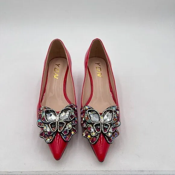 YDN Women Pointed Toe Bow Pump Colorful Rhinestone Block Low Heel Butterfly