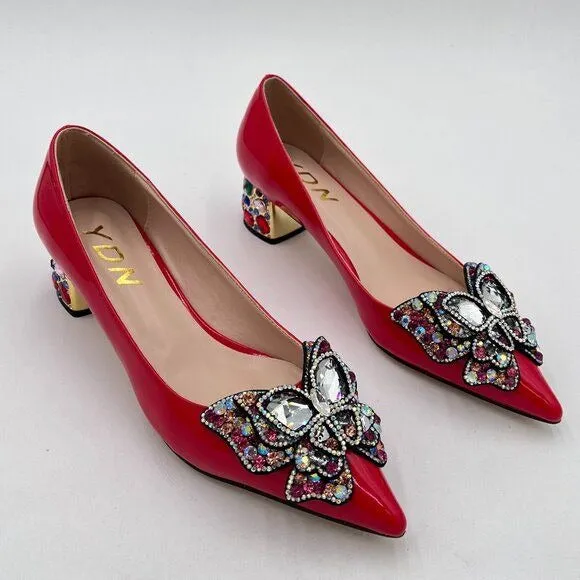 YDN Women Pointed Toe Bow Pump Colorful Rhinestone Block Low Heel Butterfly