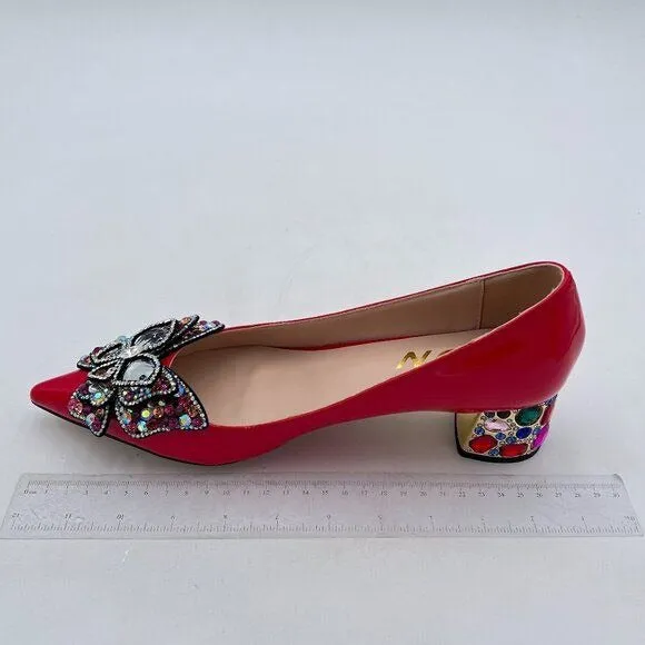 YDN Women Pointed Toe Bow Pump Colorful Rhinestone Block Low Heel Butterfly