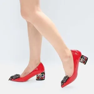 YDN Women Pointed Toe Bow Pump Colorful Rhinestone Block Low Heel Butterfly