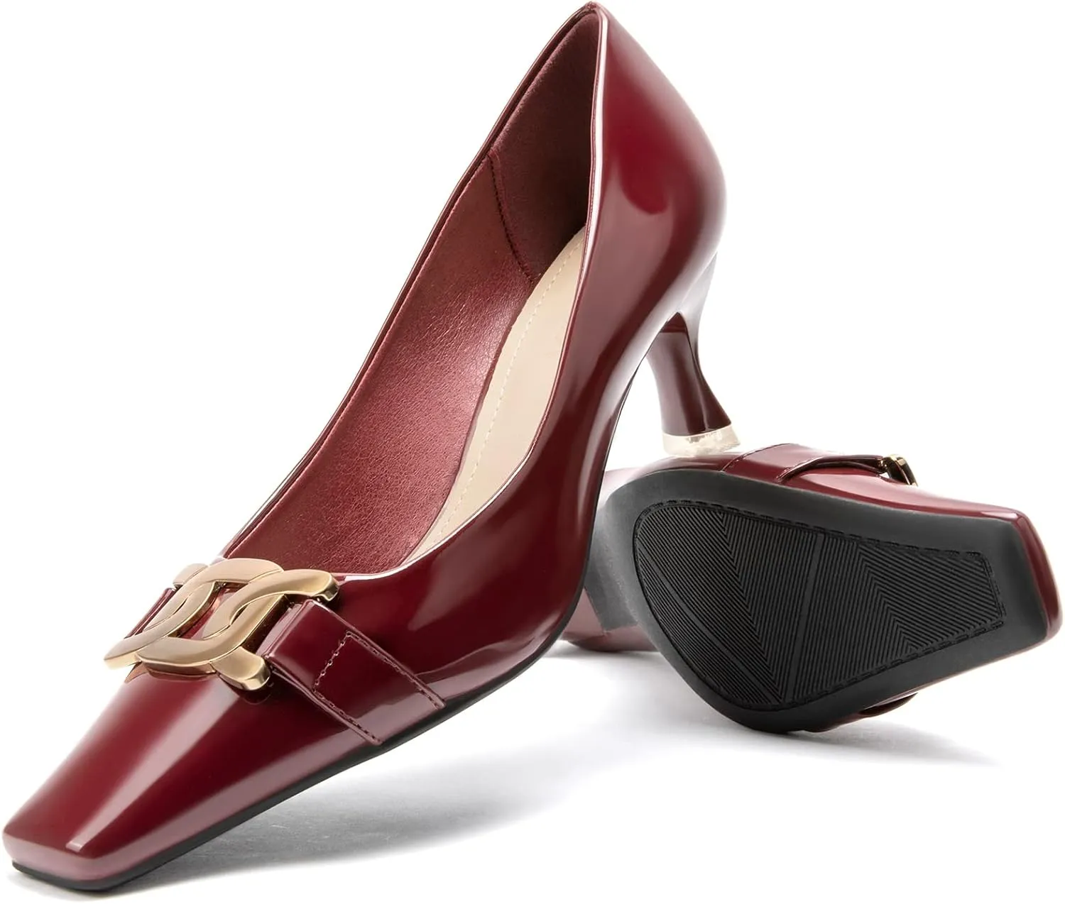 Zelaprox Women's Closed Square Toe Pumps,Low Kitten Heel Pumps Fashion Metal Slip On Stiletto Wedding Party Comfortable Dress Pump Shoes