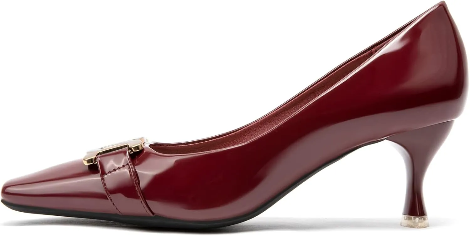 Zelaprox Women's Closed Square Toe Pumps,Low Kitten Heel Pumps Fashion Metal Slip On Stiletto Wedding Party Comfortable Dress Pump Shoes