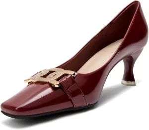 Zelaprox Women's Closed Square Toe Pumps,Low Kitten Heel Pumps Fashion Metal Slip On Stiletto Wedding Party Comfortable Dress Pump Shoes